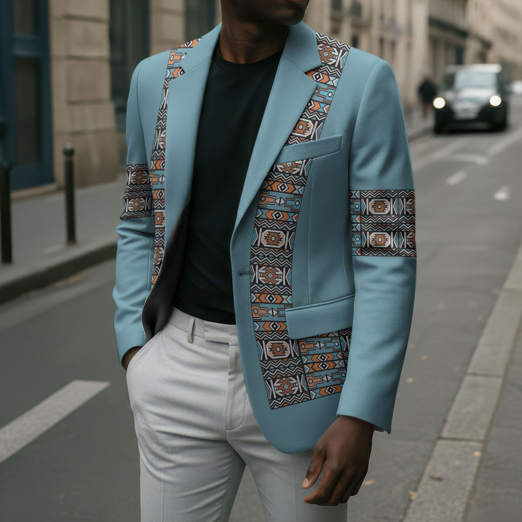 African Ndebele Traditional Attire Blazer Blue Ndebele Stripe