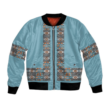 African Ndebele Traditional Attire Bomber Jacket Blue Ndebele Stripe