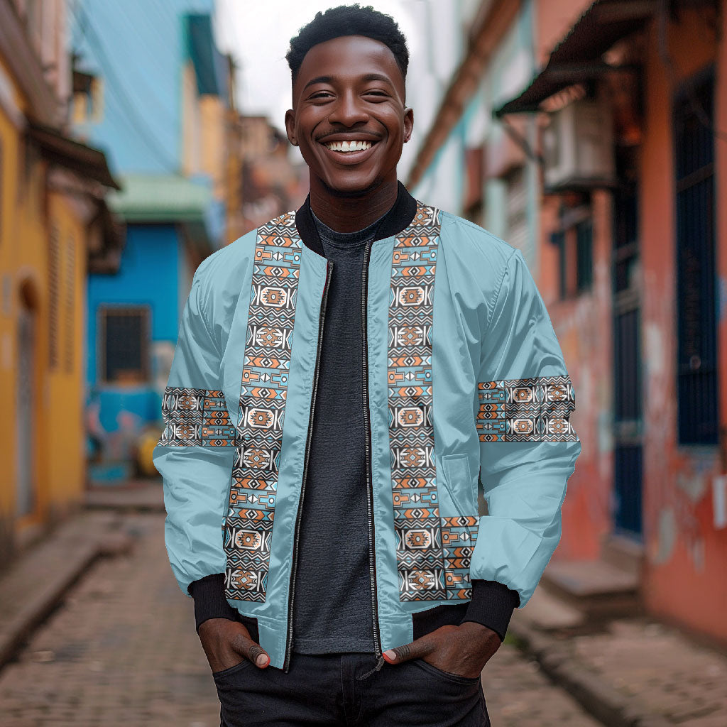 African Ndebele Traditional Attire Bomber Jacket Blue Ndebele Stripe