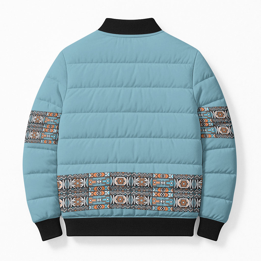 African Ndebele Traditional Attire Bomber Puffer Jacket Blue Ndebele Stripe