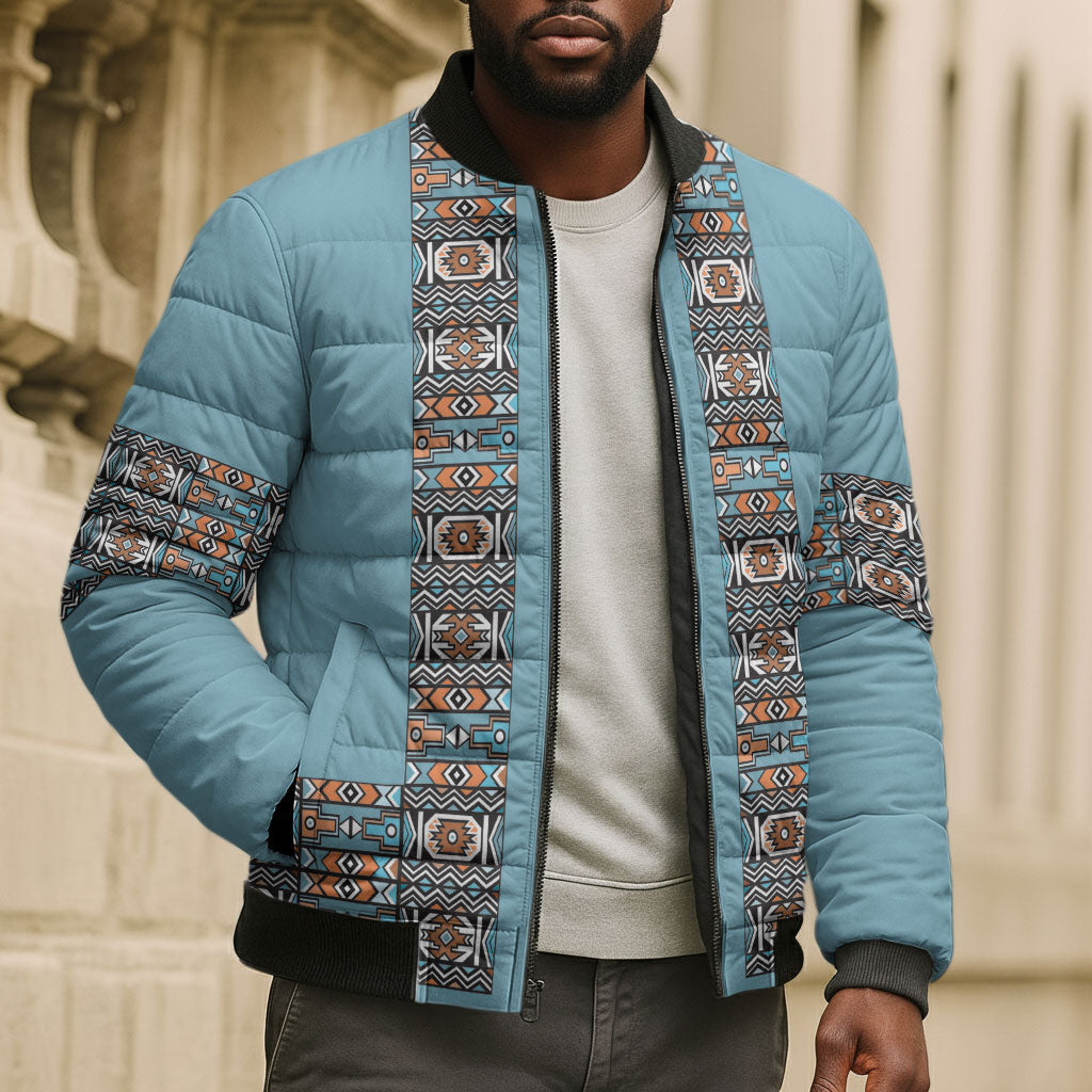 African Ndebele Traditional Attire Bomber Puffer Jacket Blue Ndebele Stripe