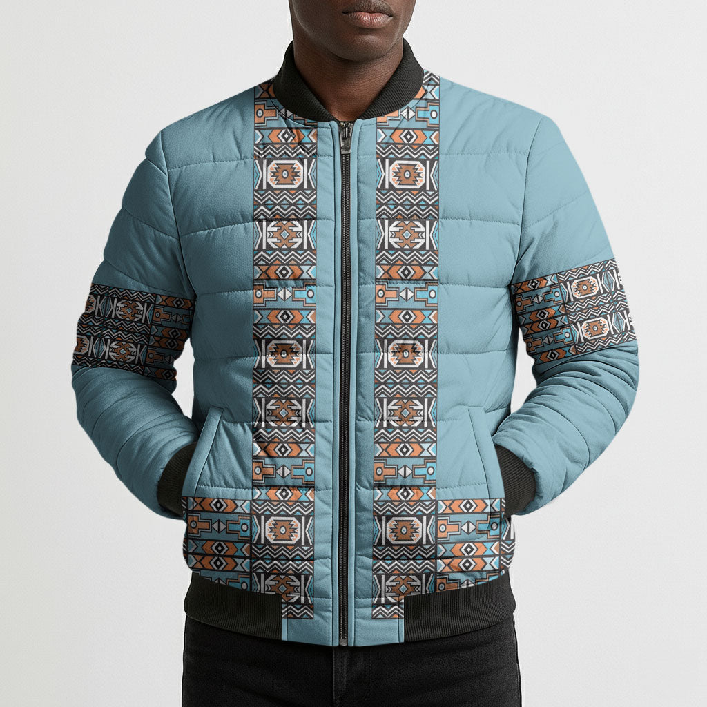 African Ndebele Traditional Attire Bomber Puffer Jacket Blue Ndebele Stripe