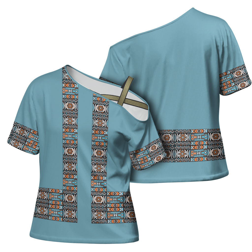 African Ndebele Traditional Attire Cross Shoulder Shirt Blue Ndebele Stripe