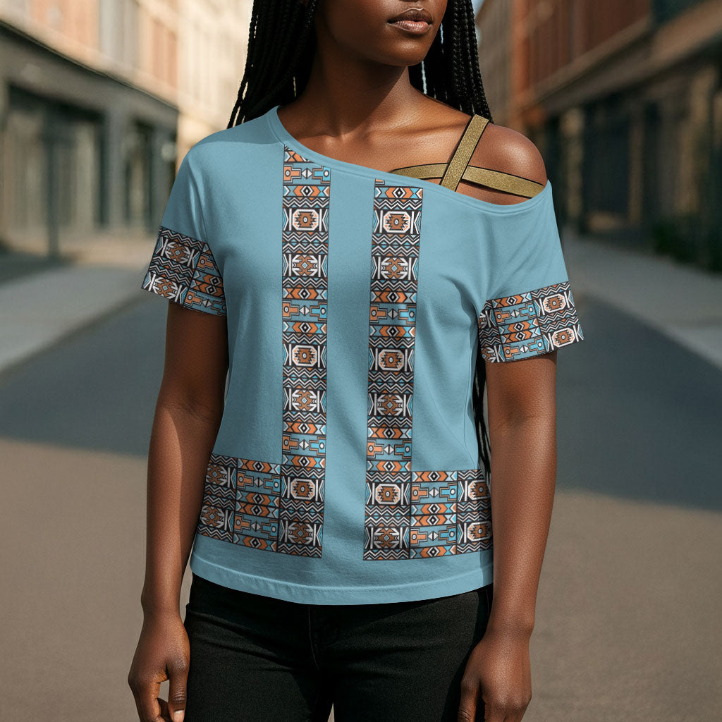 African Ndebele Traditional Attire Cross Shoulder Shirt Blue Ndebele Stripe