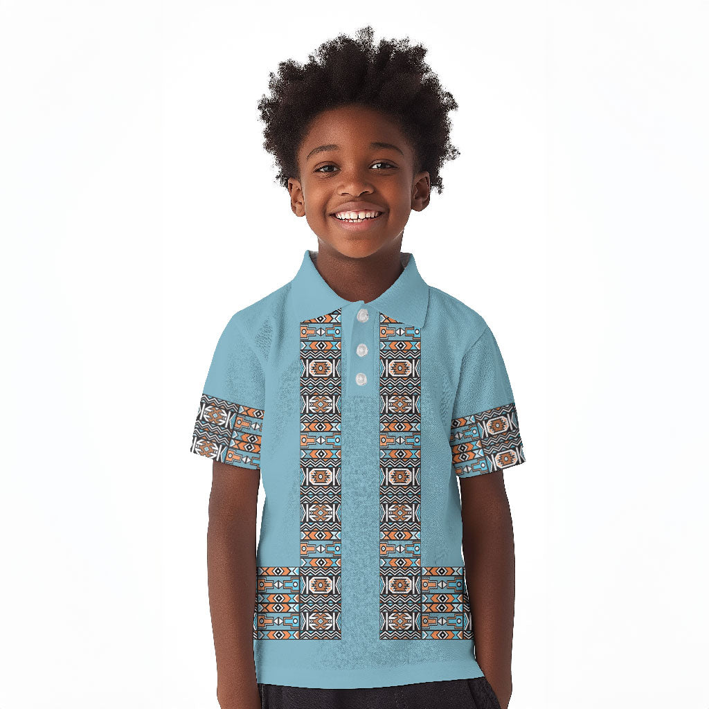 African Ndebele Traditional Attire Kid Polo Shirt Blue Ndebele Stripe