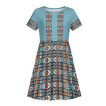 African Ndebele Traditional Attire Kid Short Sleeve Dress Blue Ndebele Stripe