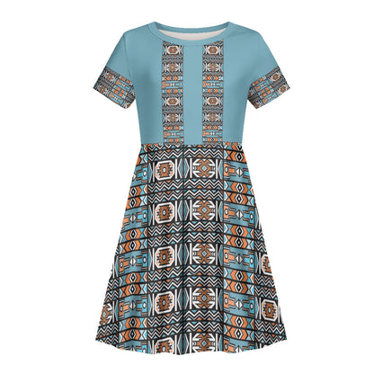 African Ndebele Traditional Attire Kid Short Sleeve Dress Blue Ndebele Stripe