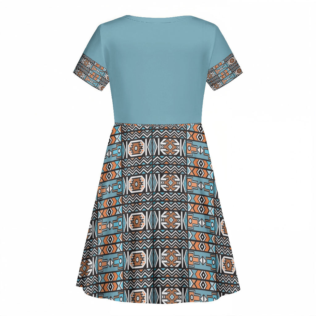 African Ndebele Traditional Attire Kid Short Sleeve Dress Blue Ndebele Stripe
