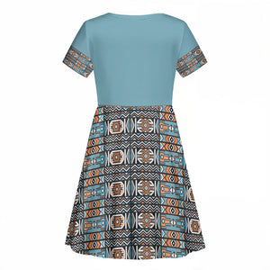 African Ndebele Traditional Attire Kid Short Sleeve Dress Blue Ndebele Stripe