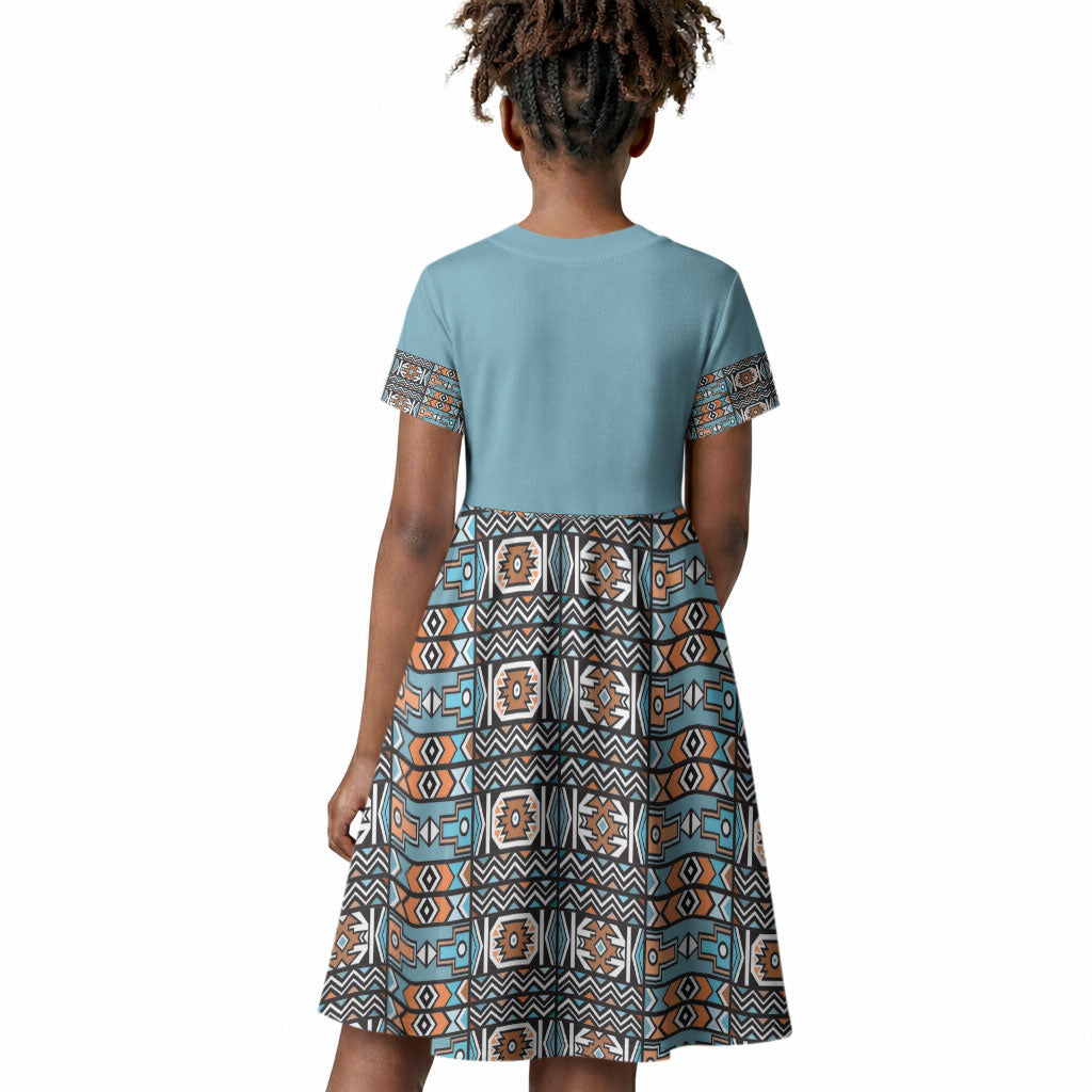 African Ndebele Traditional Attire Kid Short Sleeve Dress Blue Ndebele Stripe
