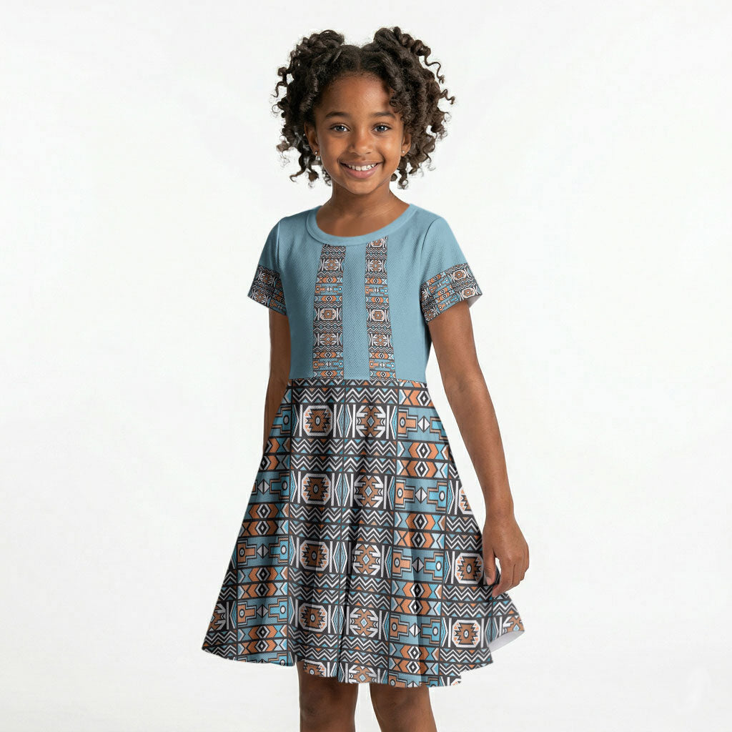 African Ndebele Traditional Attire Kid Short Sleeve Dress Blue Ndebele Stripe