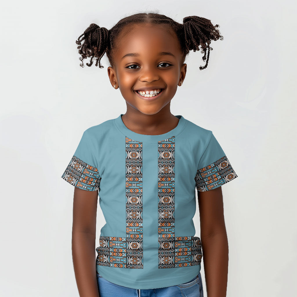 African Ndebele Traditional Attire Kid T shirt Blue Ndebele Stripe
