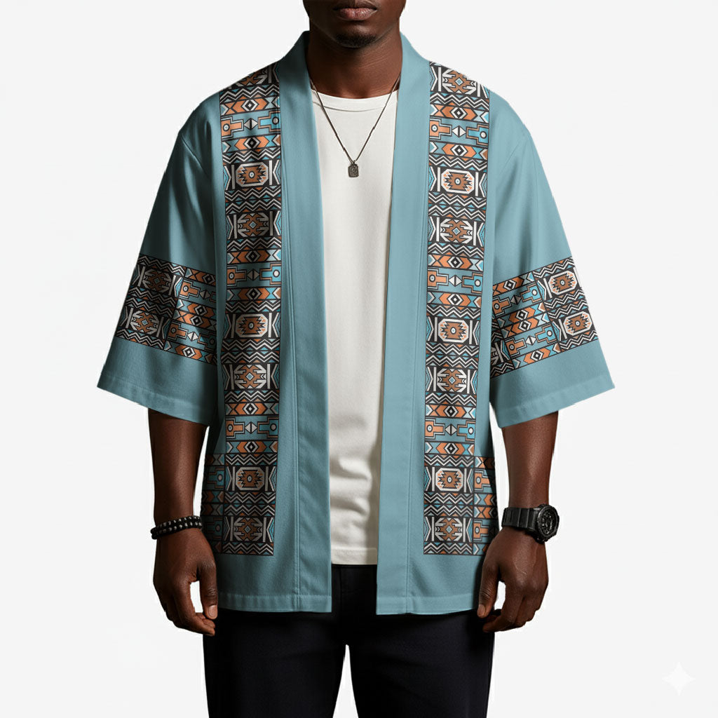 African Ndebele Traditional Attire Kimono Blue Ndebele Stripe