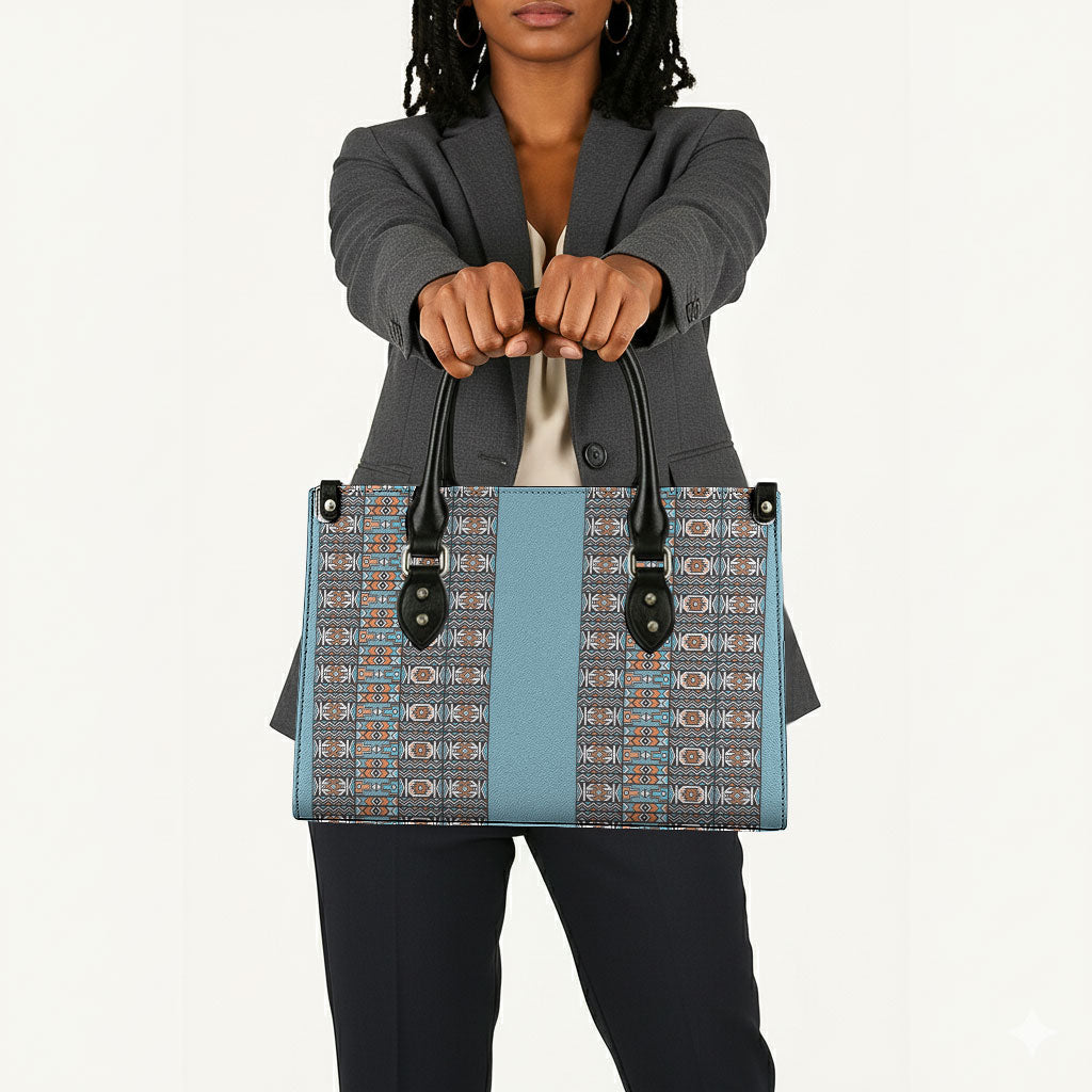 African Ndebele Traditional Attire Leather Bag Blue Ndebele Stripe