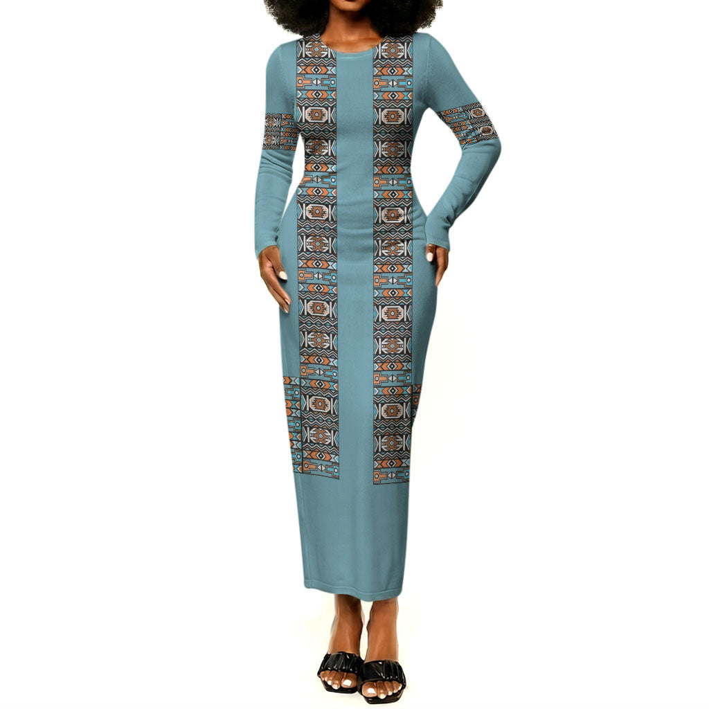 African Ndebele Traditional Attire Long Sleeve Bodycon Dress Blue Ndebele Stripe