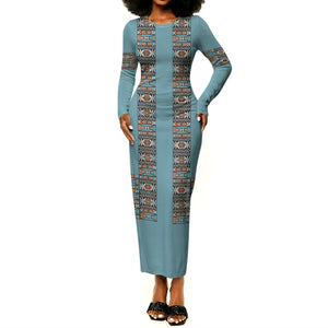 African Ndebele Traditional Attire Long Sleeve Bodycon Dress Blue Ndebele Stripe