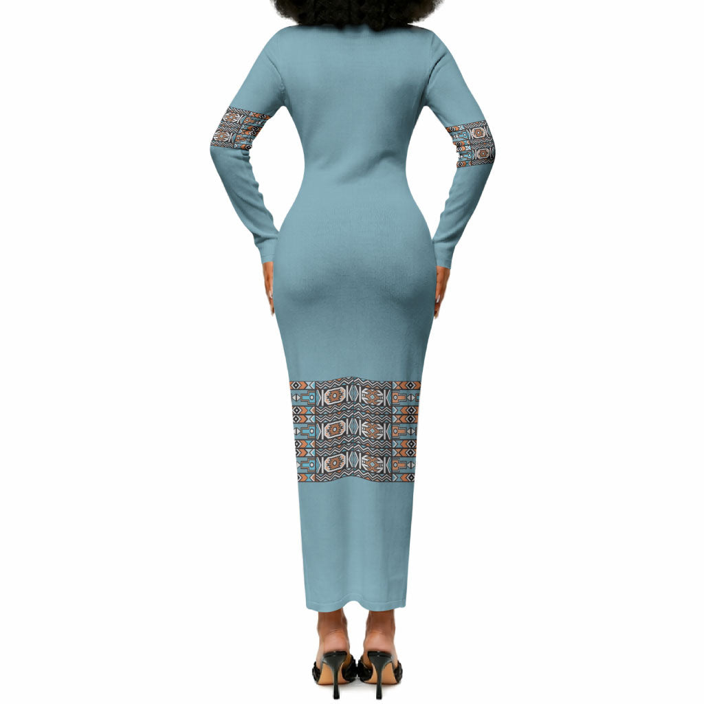 African Ndebele Traditional Attire Long Sleeve Bodycon Dress Blue Ndebele Stripe