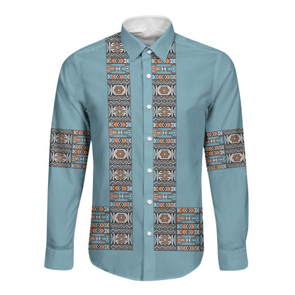 African Ndebele Traditional Attire Long Sleeve Button Shirt Blue Ndebele Stripe