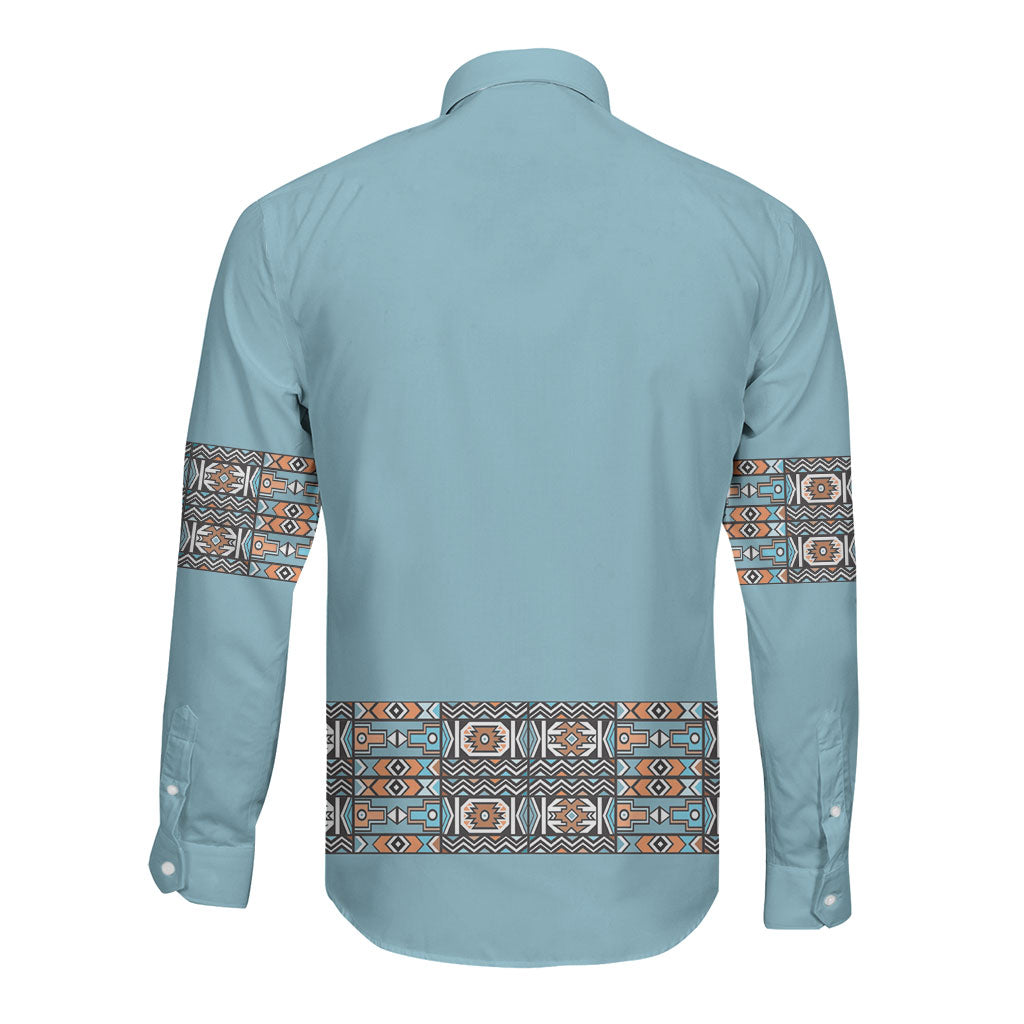 African Ndebele Traditional Attire Long Sleeve Button Shirt Blue Ndebele Stripe