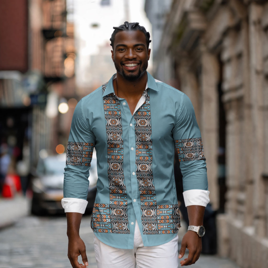 African Ndebele Traditional Attire Long Sleeve Button Shirt Blue Ndebele Stripe