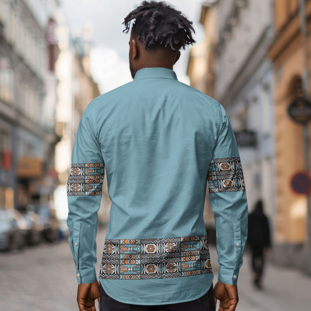 African Ndebele Traditional Attire Long Sleeve Button Shirt Blue Ndebele Stripe