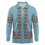 African Ndebele Traditional Attire Long Sleeve Polo Shirt Blue Ndebele Stripe