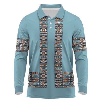 African Ndebele Traditional Attire Long Sleeve Polo Shirt Blue Ndebele Stripe