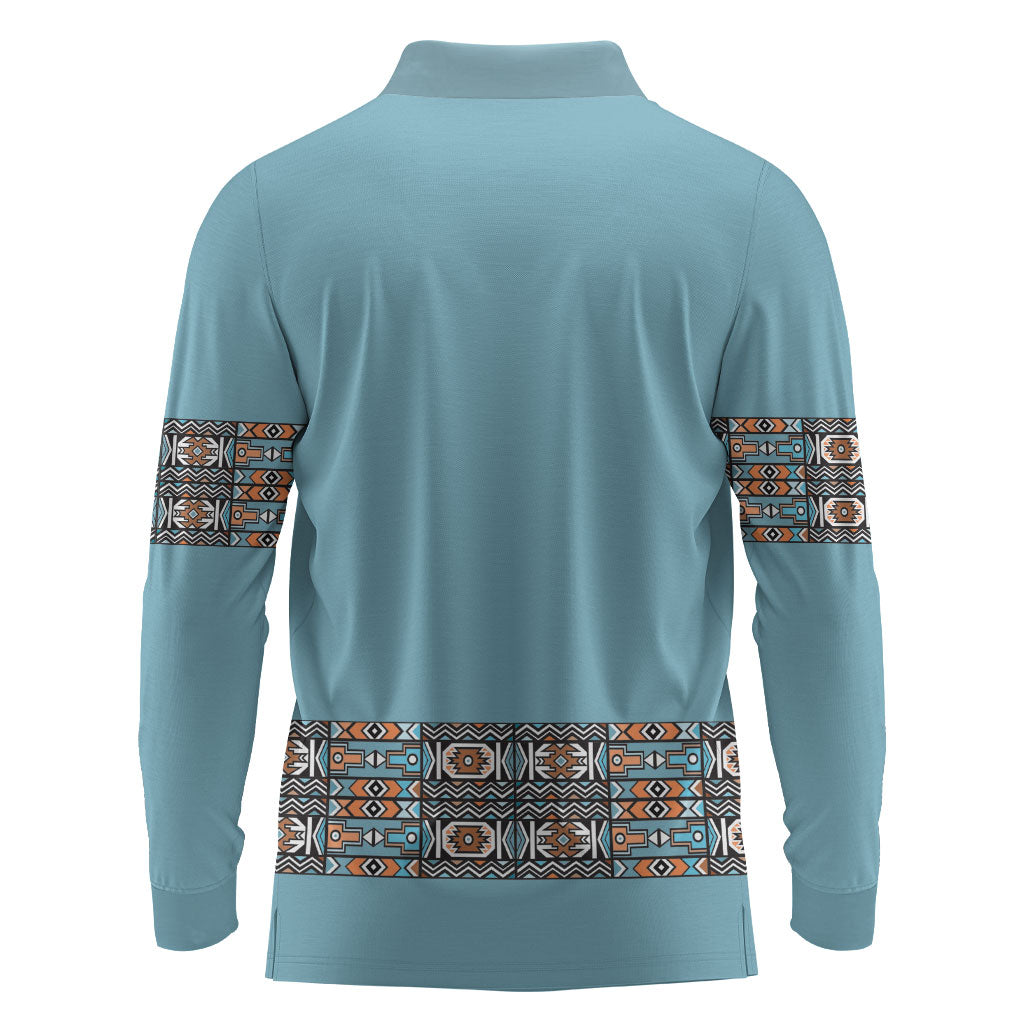 African Ndebele Traditional Attire Long Sleeve Polo Shirt Blue Ndebele Stripe