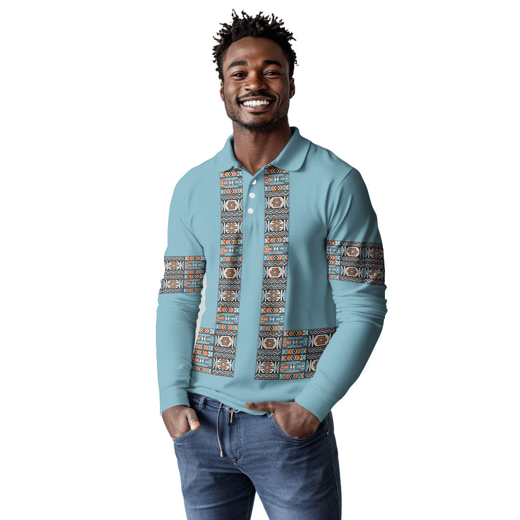 African Ndebele Traditional Attire Long Sleeve Polo Shirt Blue Ndebele Stripe