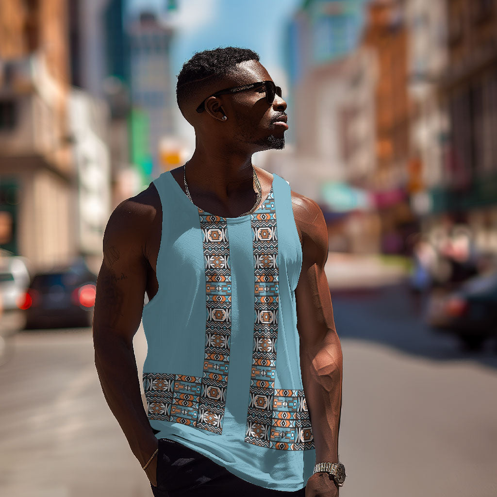 African Ndebele Traditional Attire Men Tank Top Blue Ndebele Stripe