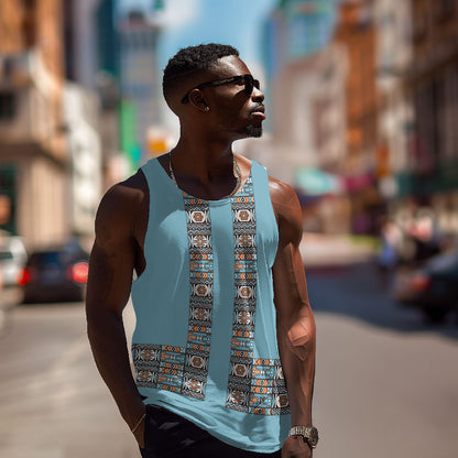 African Ndebele Traditional Attire Men Tank Top Blue Ndebele Stripe