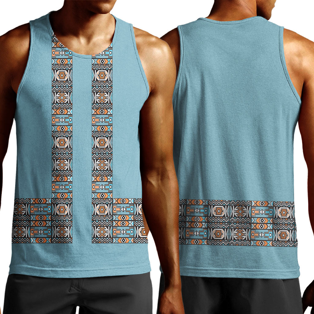 African Ndebele Traditional Attire Men Tank Top Blue Ndebele Stripe