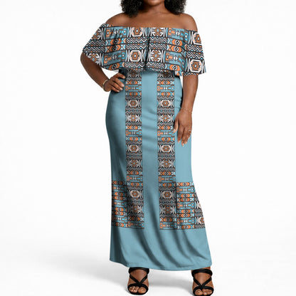 African Ndebele Traditional Attire Off Shoulder Maxi Dress Blue Ndebele Stripe