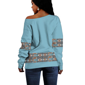African Ndebele Traditional Attire Off Shoulder Sweater Blue Ndebele Stripe