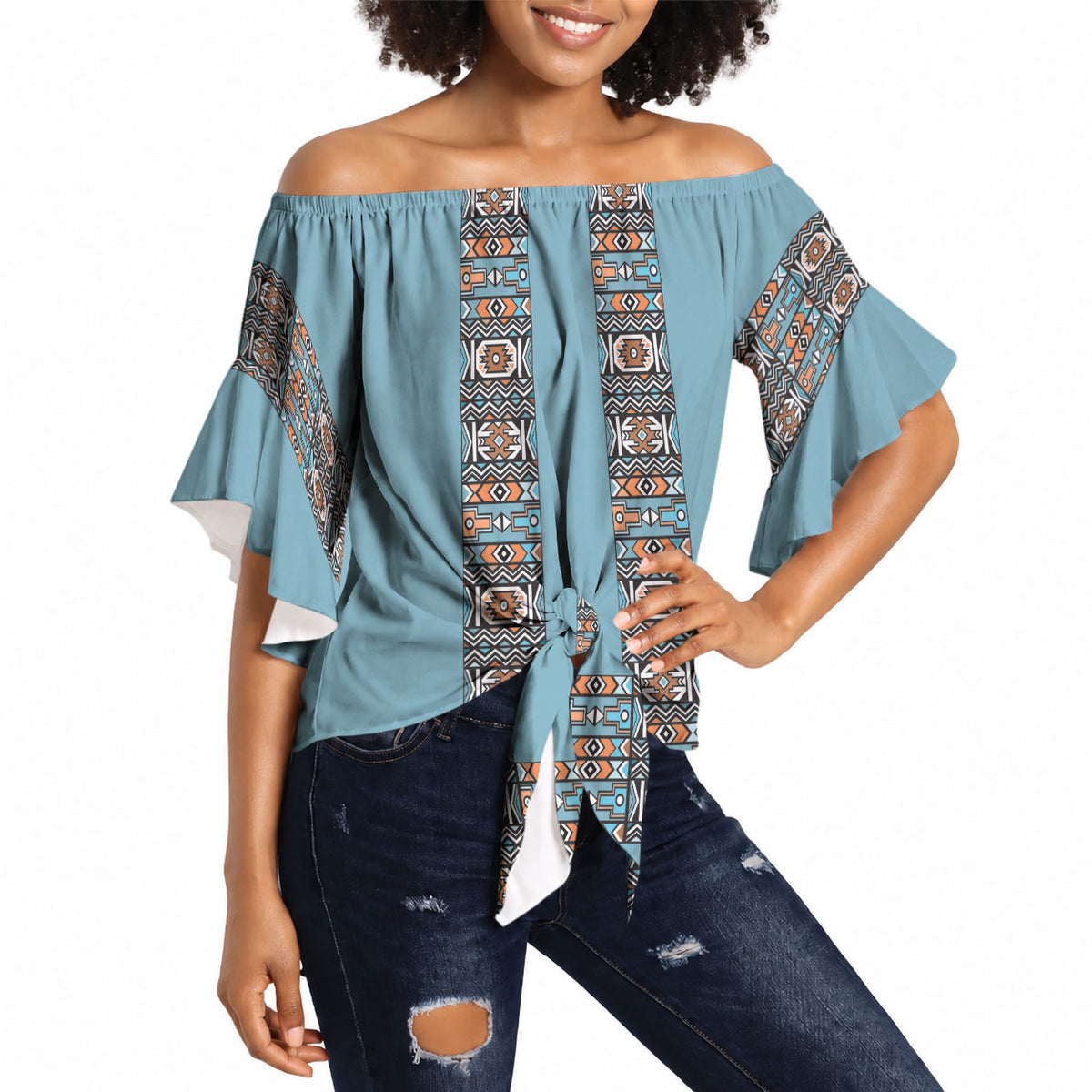 African Ndebele Traditional Attire Off Shoulder Wrap Waist Top Blue Ndebele Stripe