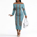 African Ndebele Traditional Attire Off The Shoulder Long Sleeve Dress Blue Ndebele Stripe