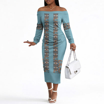 African Ndebele Traditional Attire Off The Shoulder Long Sleeve Dress Blue Ndebele Stripe