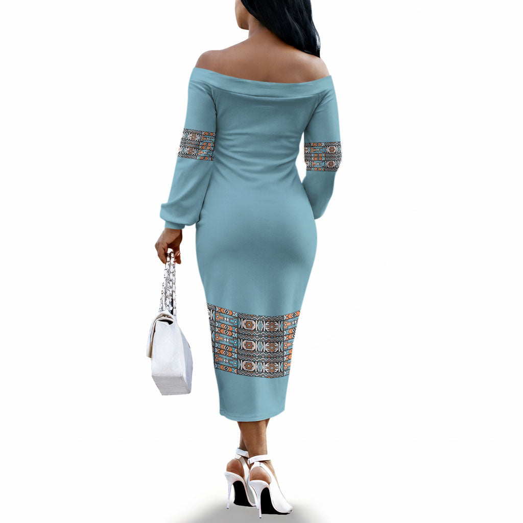 African Ndebele Traditional Attire Off The Shoulder Long Sleeve Dress Blue Ndebele Stripe