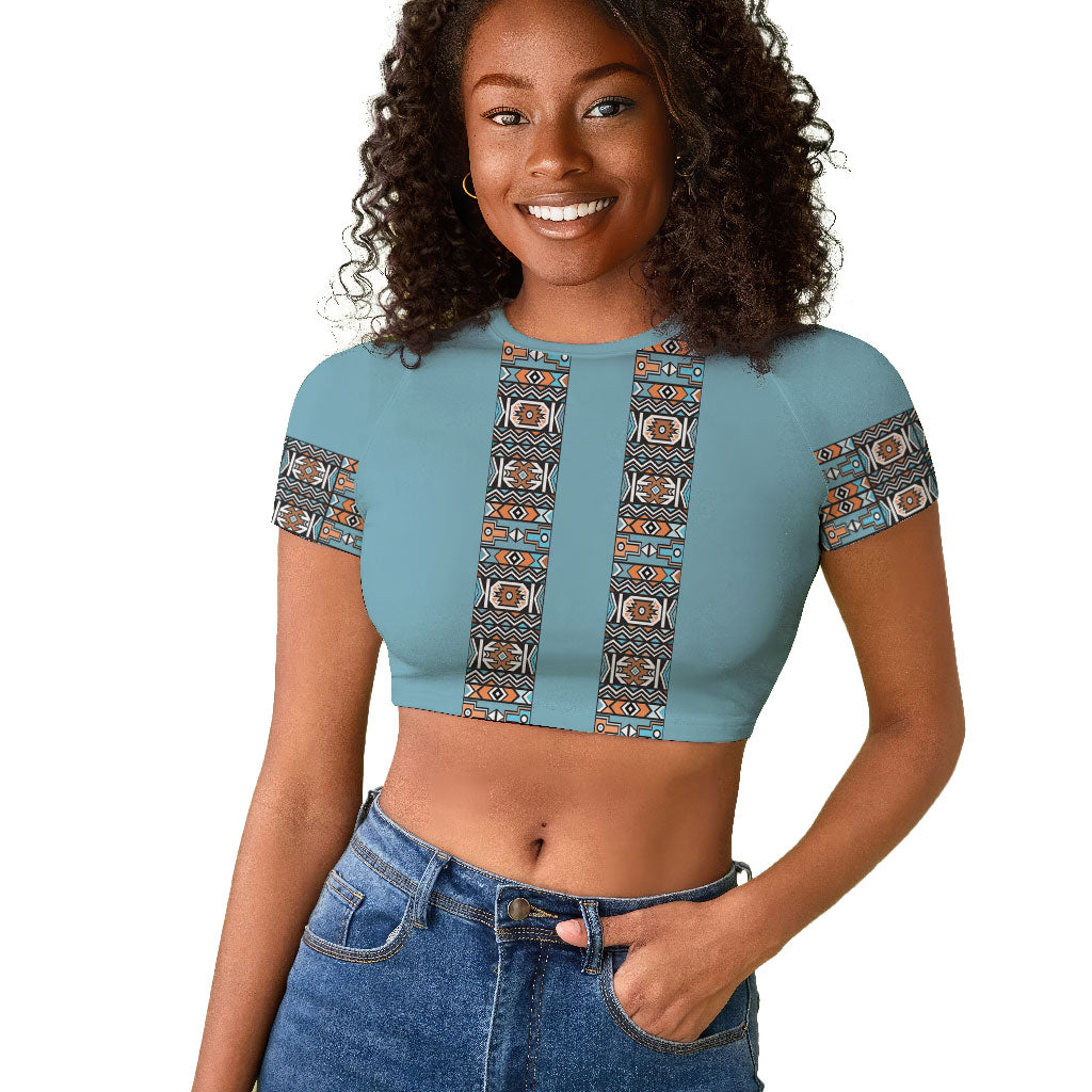African Ndebele Traditional Attire Raglan Cropped T shirt Blue Ndebele Stripe