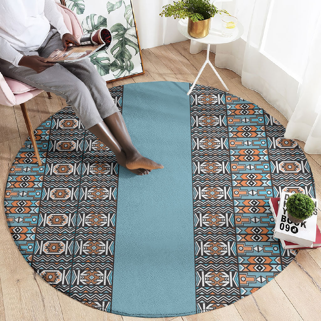 African Ndebele Traditional Attire Round Carpet Blue Ndebele Stripe