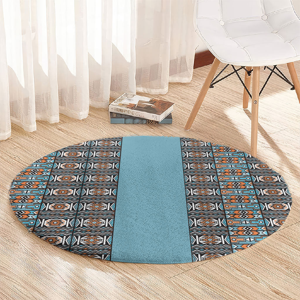 African Ndebele Traditional Attire Round Carpet Blue Ndebele Stripe