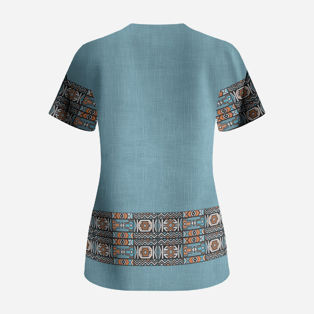 African Ndebele Traditional Attire Scrub Top Blue Ndebele Stripe