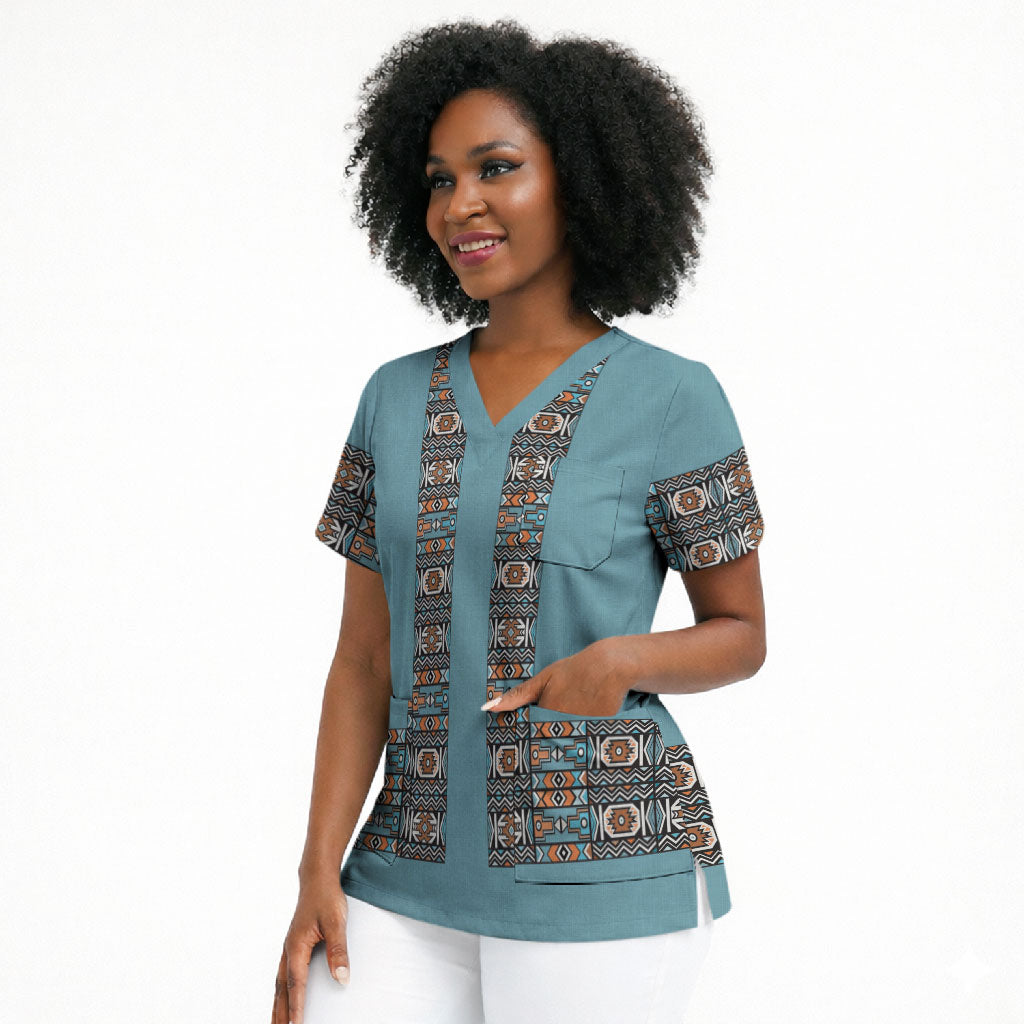 African Ndebele Traditional Attire Scrub Top Blue Ndebele Stripe