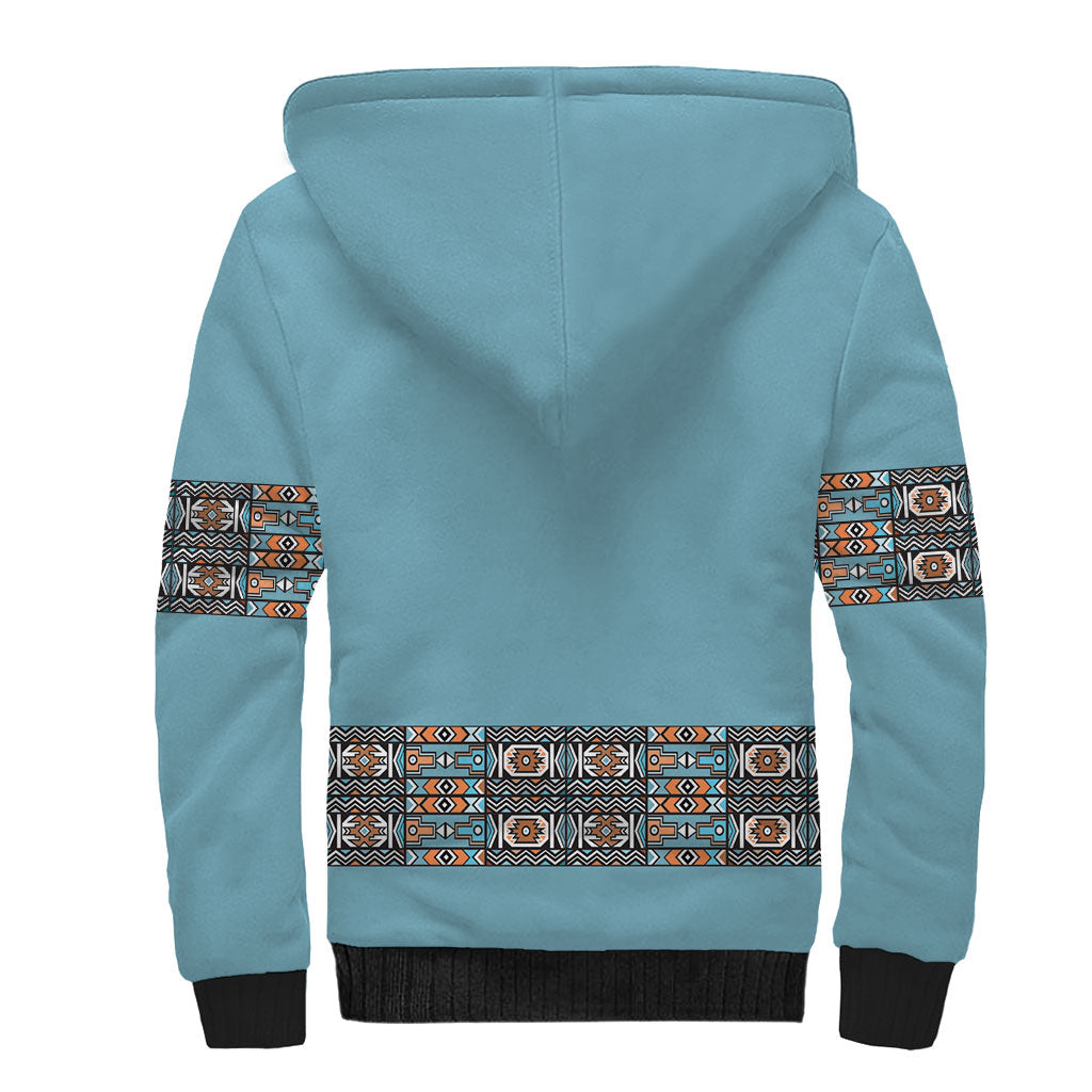 African Ndebele Traditional Attire Sherpa Hoodie Blue Ndebele Stripe