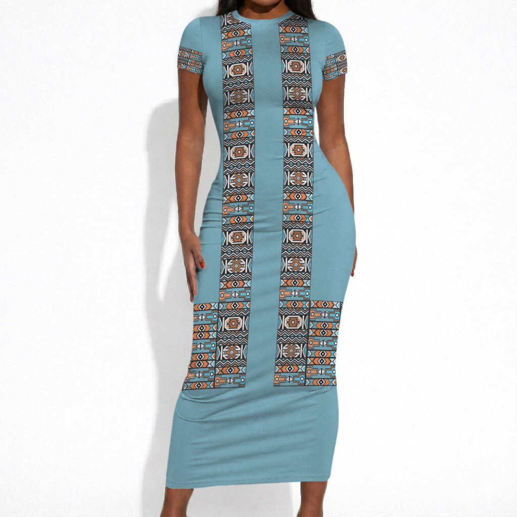 African Ndebele Traditional Attire Short Sleeve Bodycon Dress Blue Ndebele Stripe