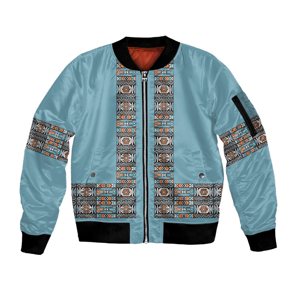 African Ndebele Traditional Attire Sleeve Zip Bomber Jacket Blue Ndebele Stripe