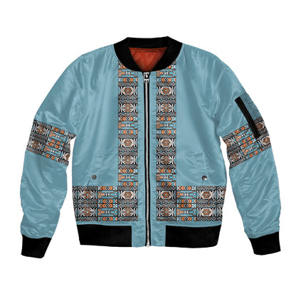 African Ndebele Traditional Attire Sleeve Zip Bomber Jacket Blue Ndebele Stripe