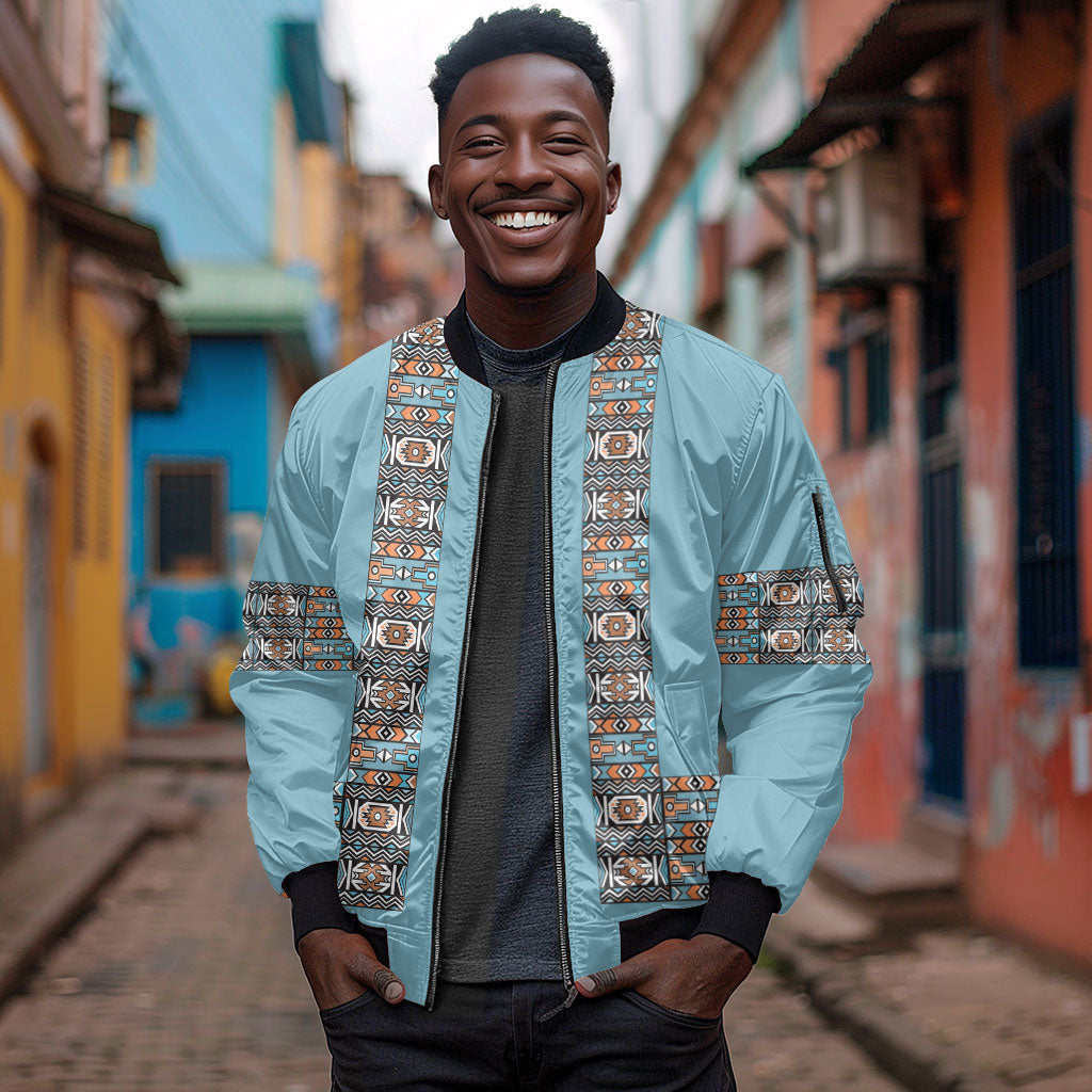 African Ndebele Traditional Attire Sleeve Zip Bomber Jacket Blue Ndebele Stripe