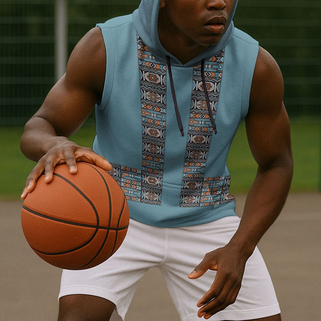African Ndebele Traditional Attire Sleeveless Hoodie Blue Ndebele Stripe