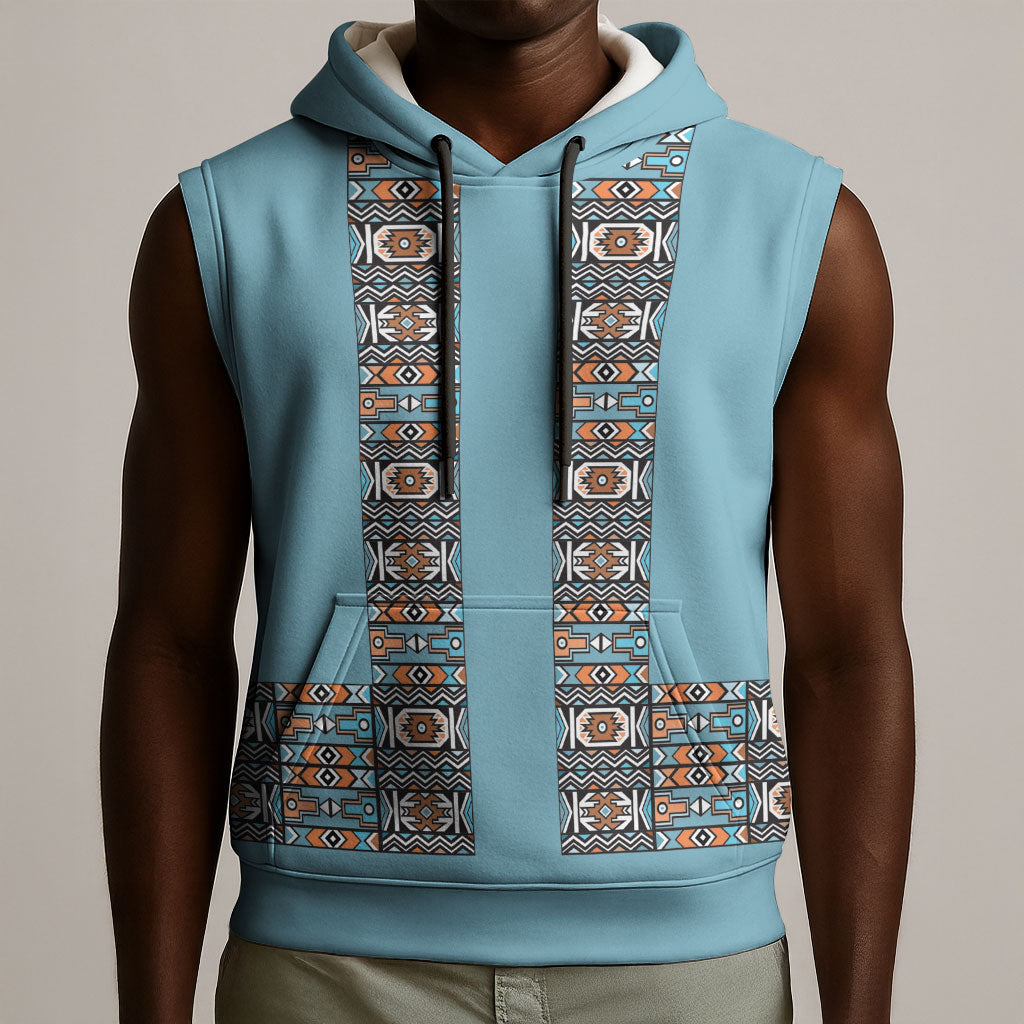 African Ndebele Traditional Attire Sleeveless Hoodie Blue Ndebele Stripe